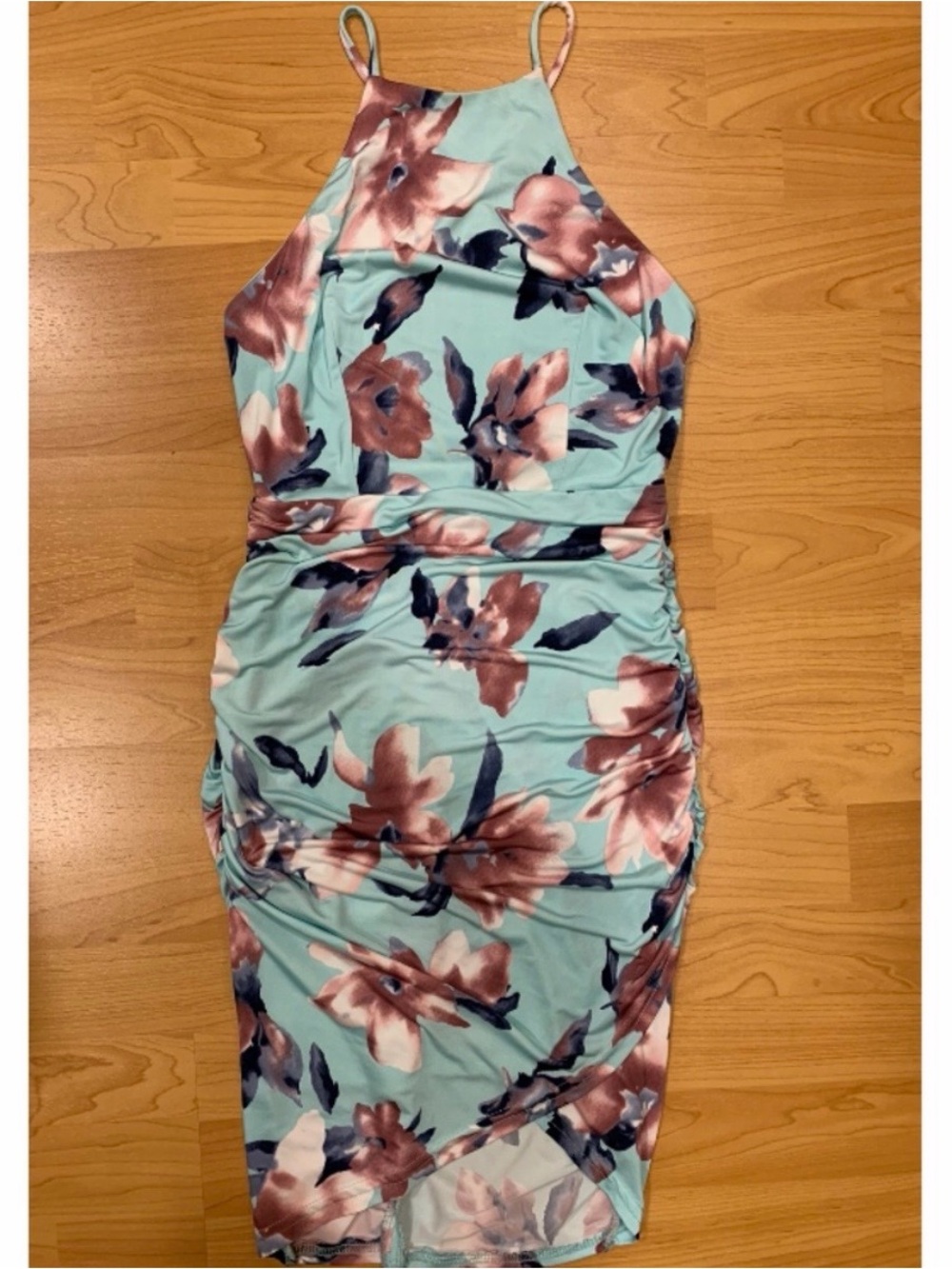 Trac Mint Green and Pink Floral Ruched Halter Dress
